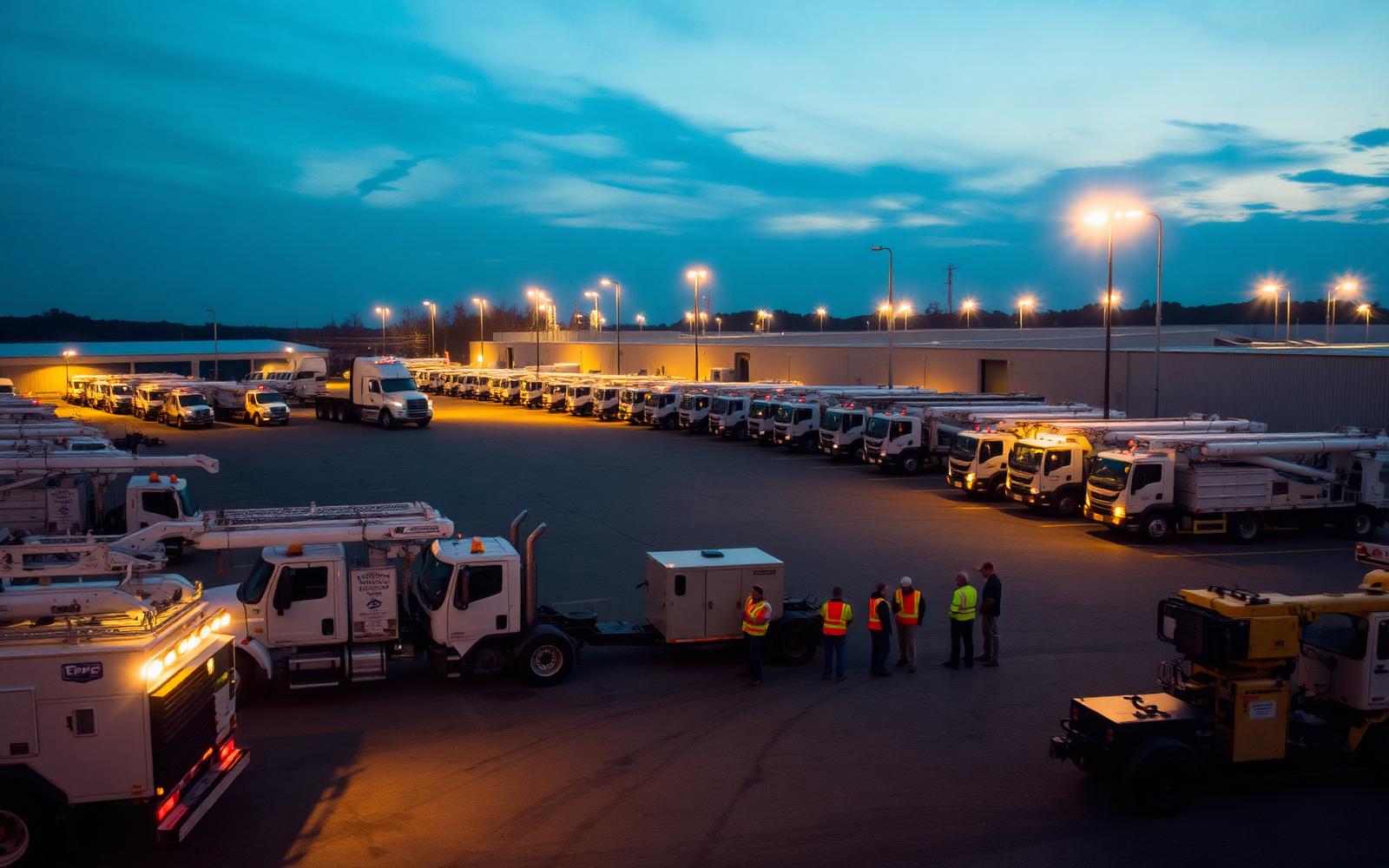 Equipment yard staged with utility trucks at dusk